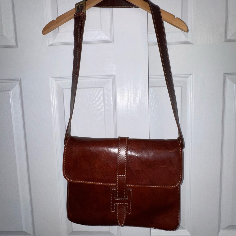 SALE💥Italian Leather Oversized ‘H’ Crossbody Vera Pelle Made in Italy Cognac - Picture 15 of 16